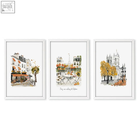 Set of three white-framed autumn paris watercolour prints large artwork perfect for living room decor