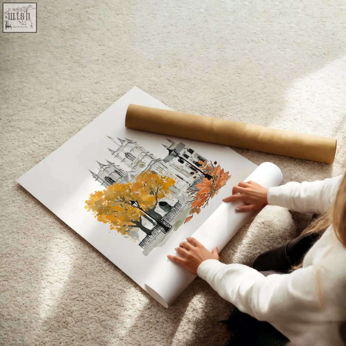 A rolled-up large artwork poster of autumn paris watercolour with gothic cathedral and yellow orange trees for living room