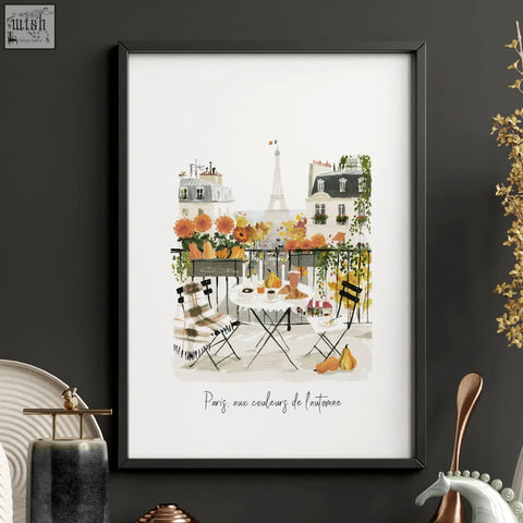 Black-framed large artwork for living room featuring autumn paris watercolour balcony with orange flowers and eiffel tower