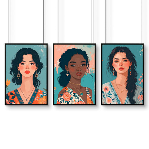 Large Bedroom Wall Art | Set of 3 Boho Women Wall art Prints