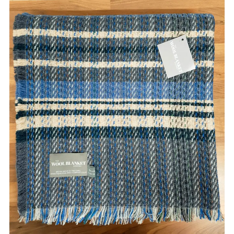 Large Checked Random Recycled Wool Blanket - Denim - Throws & Blankets