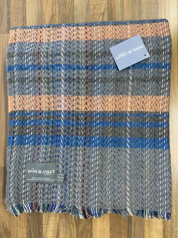 Large checked random recycled wool blanket in gray and blue plaid with peach stripes and fringed edges