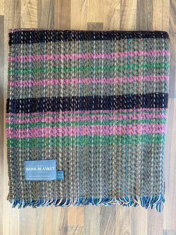 Large checked random recycled wool blanket with cozy handwoven stripes in muted greens pinks and navy with fringed edges