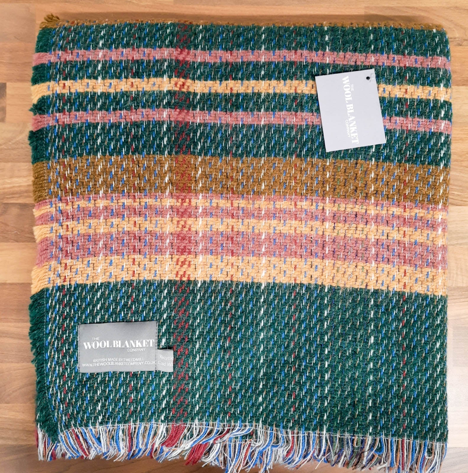 Large checked random recycled wool blanket with bold green mustard and dusty rose stripes and multicolored fringe