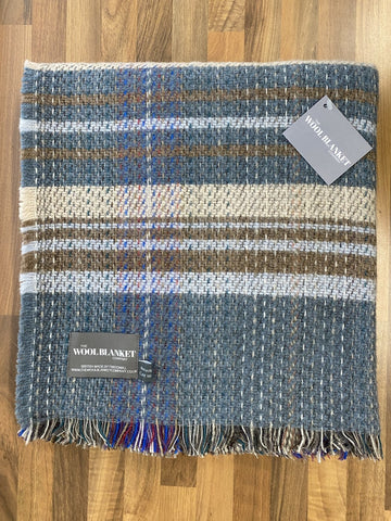 Large checked random recycled wool blanket with cozy handwoven plaid in blue beige brown and white accents