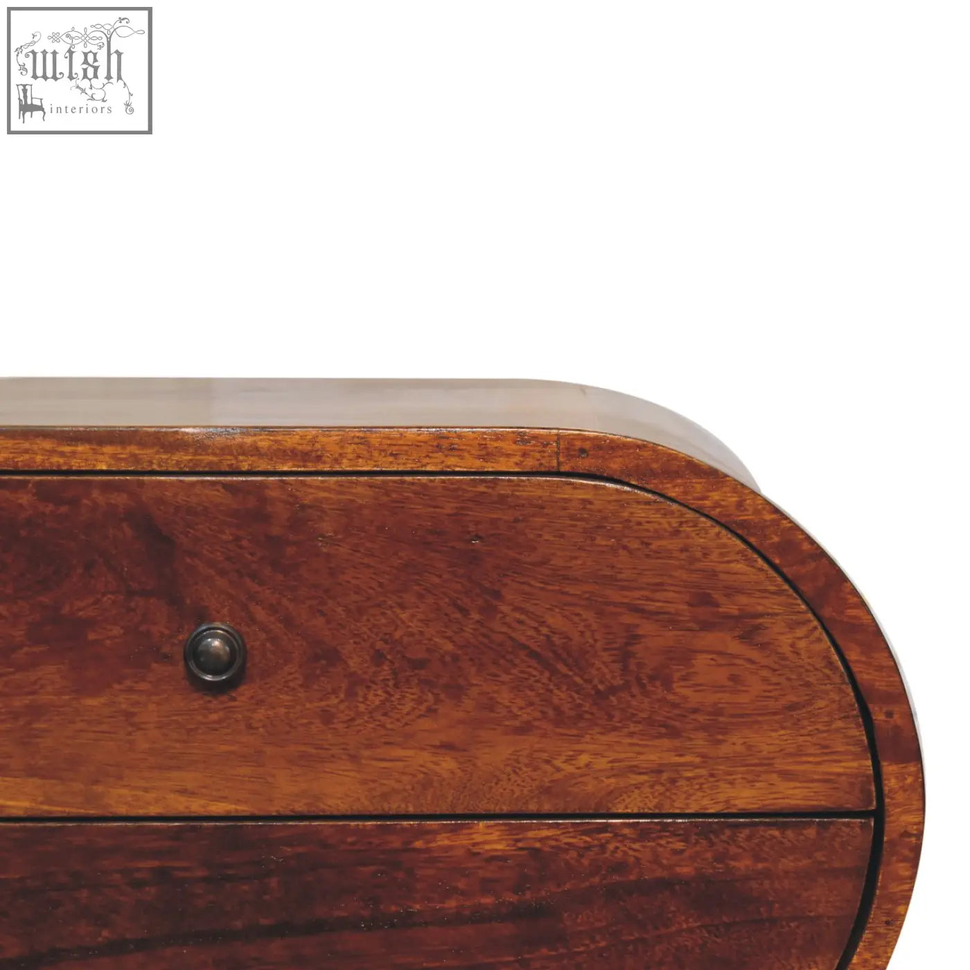 Large chestnut circular bedside table drawer with rich warm-toned wood and smooth polished finish featuring elegant curved edge