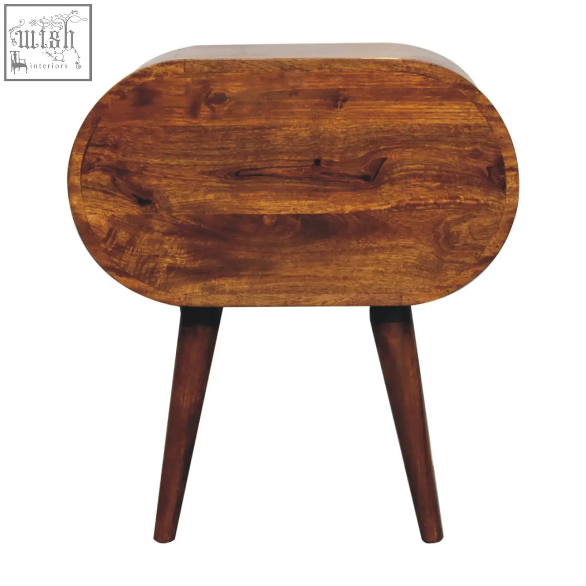 A large chestnut circular wooden bedside table with a warm brown finish and visible natural wood grain