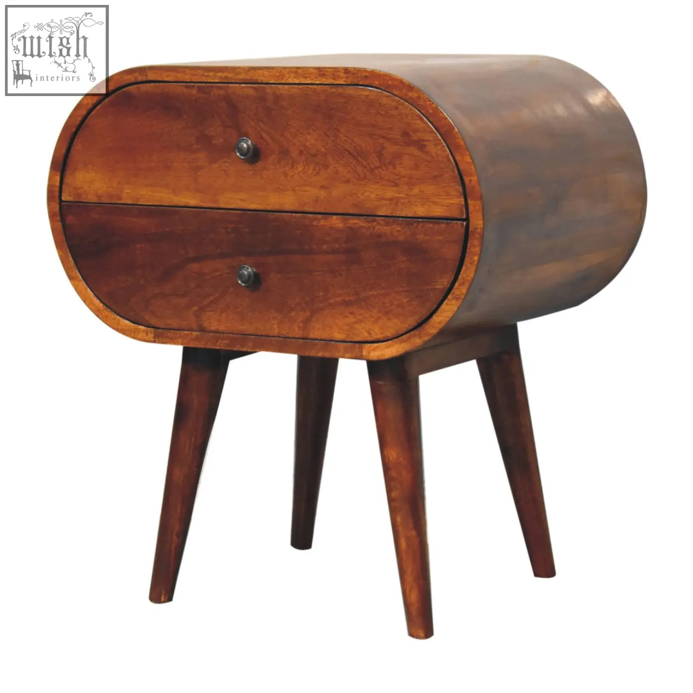 A large chestnut circular wooden bedside table with two drawers and tapered legs perfect for bedroom use