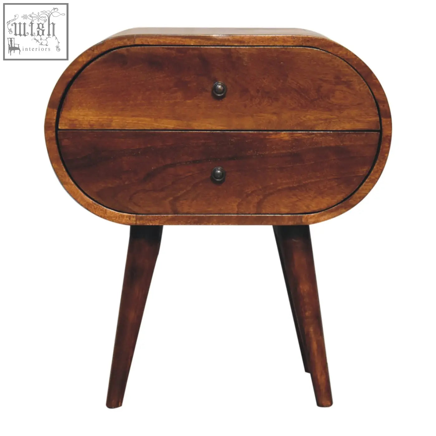 A large chestnut circular bedside table with sleek oval shape, two drawers, and tapered wooden legs