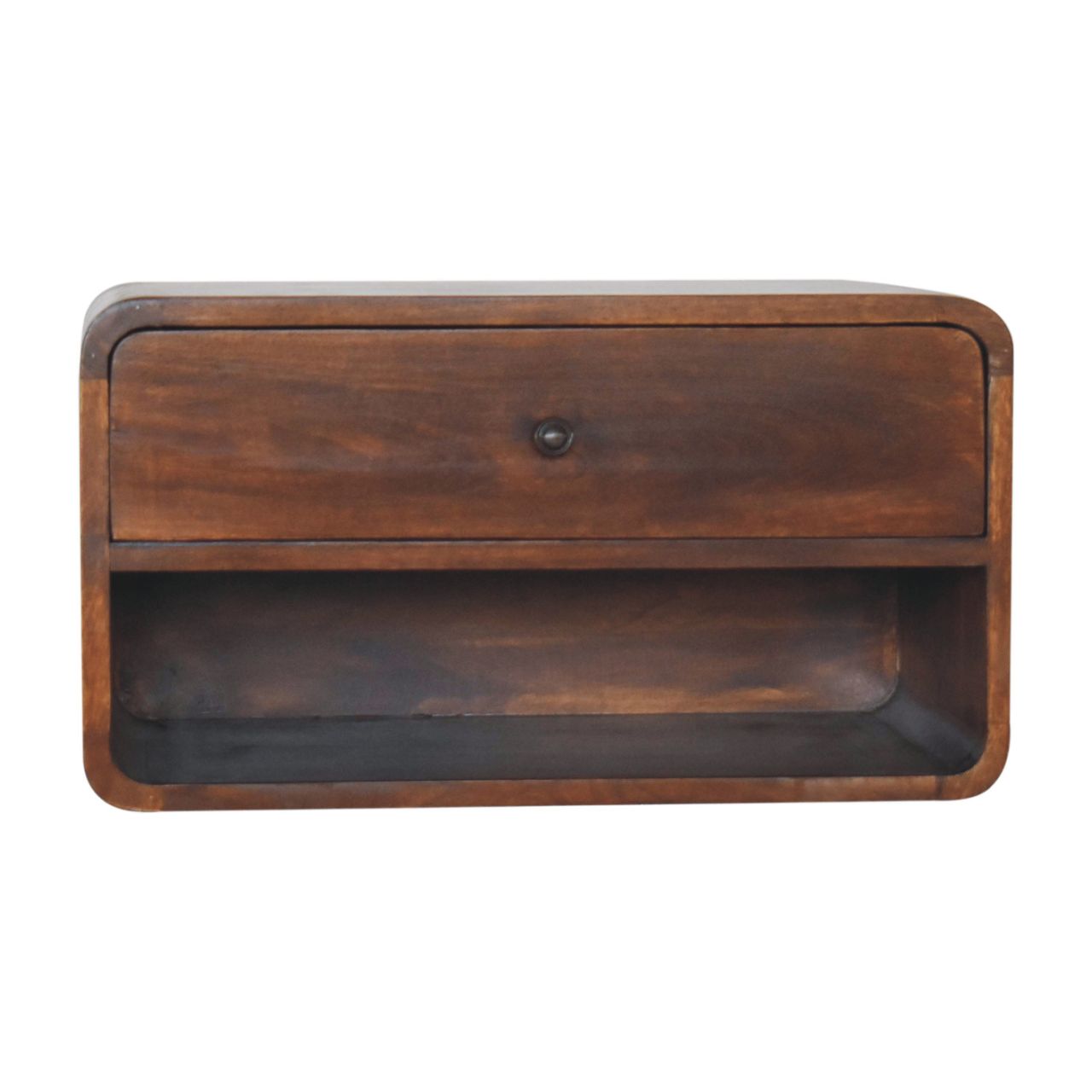 Dark brown wooden large chestnut curve floating bedside table with single drawer and open shelf below