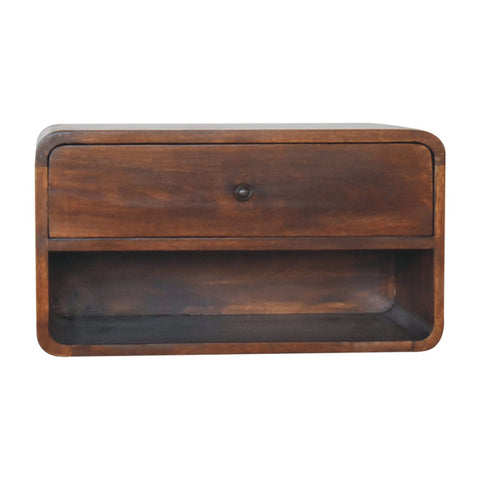 Dark brown wooden large chestnut curve floating bedside table with single drawer and open shelf below