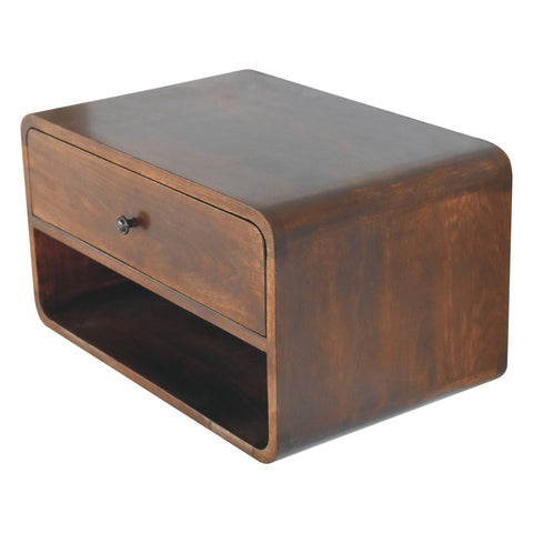 Dark brown wooden bedside table with single drawer and curved edges in large chestnut curve floating design