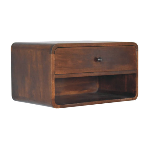Dark brown wooden large chestnut curve floating bedside table with single drawer and open shelf below