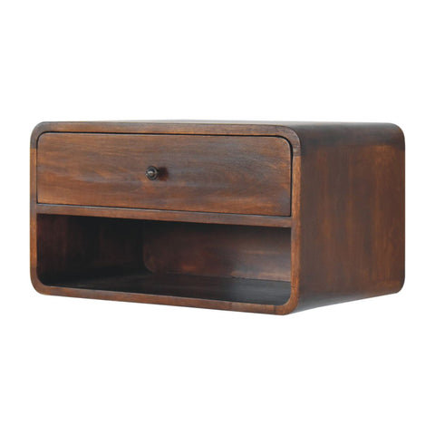Dark brown wooden large chestnut curve floating bedside table with single drawer and open shelf below