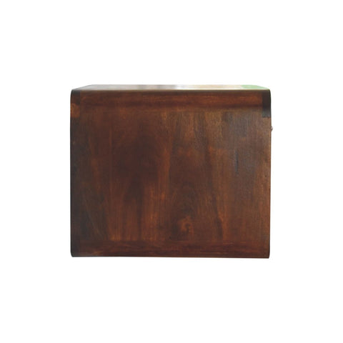 Dark brown wooden large chestnut curve floating bedside table with smooth polished finish and visible wood grain