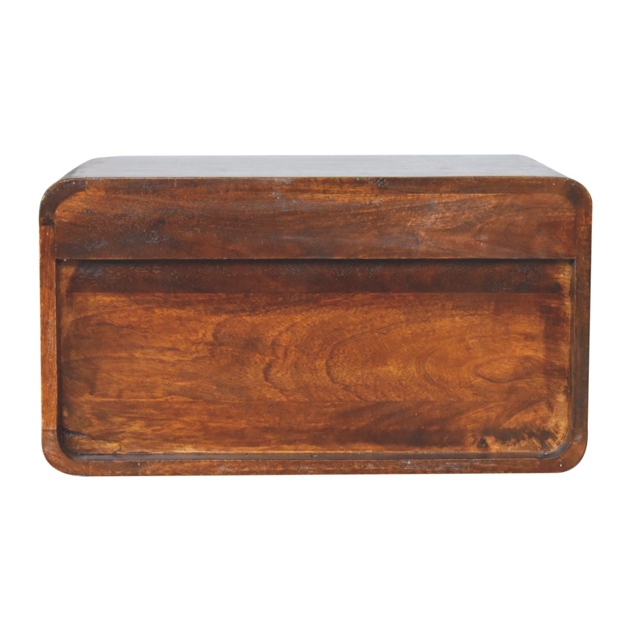 A large chestnut curve floating bedside table in warm brown wood with visible grain and a rectangular shape