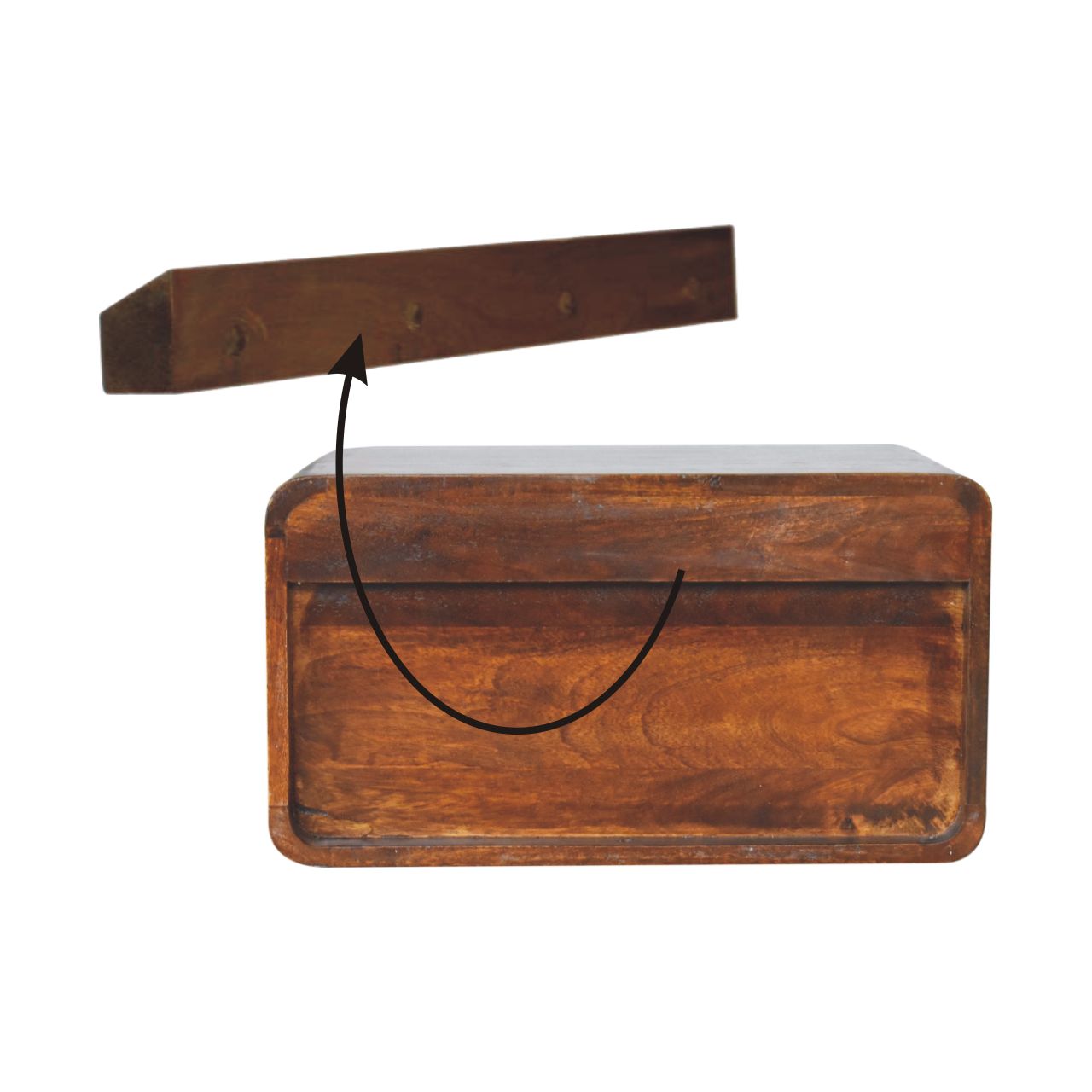 A rustic brown wooden bread box with hinged lid and knobs styled like a large chestnut curve floating bedside table