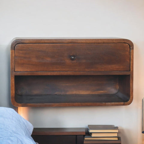Large chestnut curve bedside table in dark brown wood with a drawer and open shelf wall mounted for small spaces