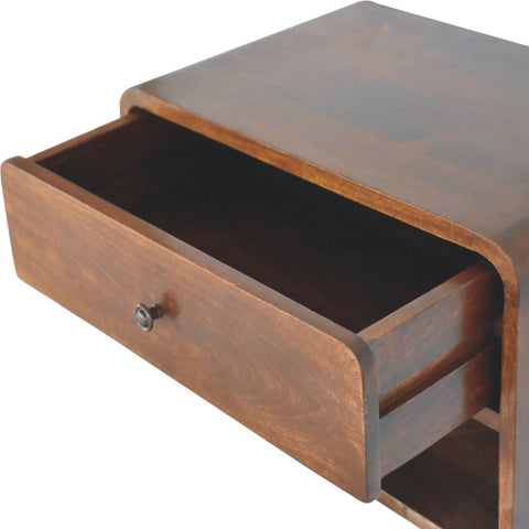 A sleek dark brown wooden bedside table with a single drawer and round metallic knob in large chestnut curve style