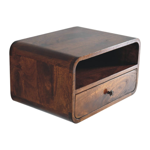 Dark brown wooden nightstand with single drawer and upper slot open shelf in vintage large chestnut curve design