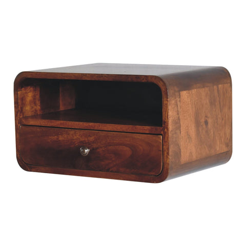 Large chestnut curved dark brown wooden nightstand with upper slot open shelf and silver knob drawer floating bedside table