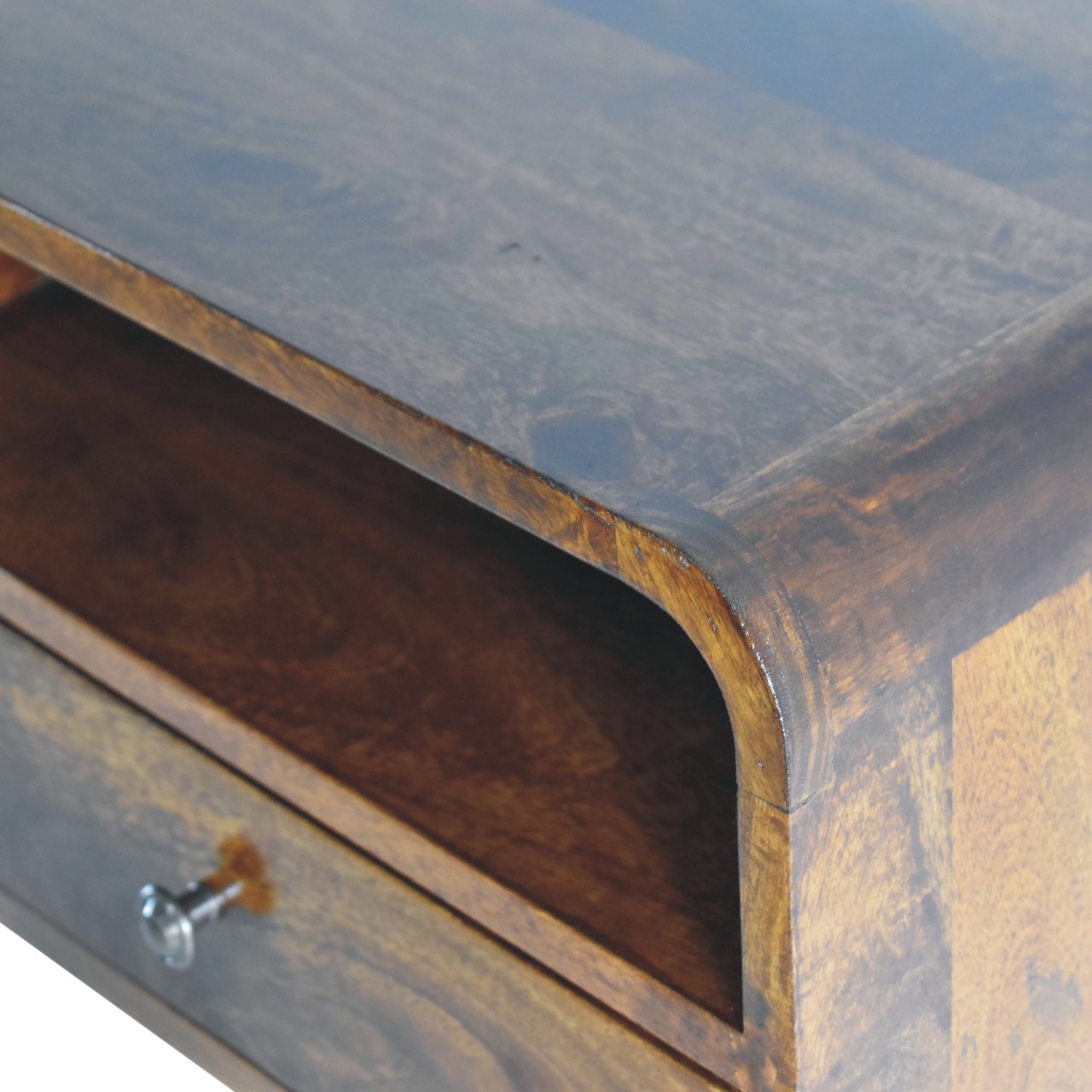Dark wood large chestnut curved bedside table with upper slot and metallic drawer pull for floating use