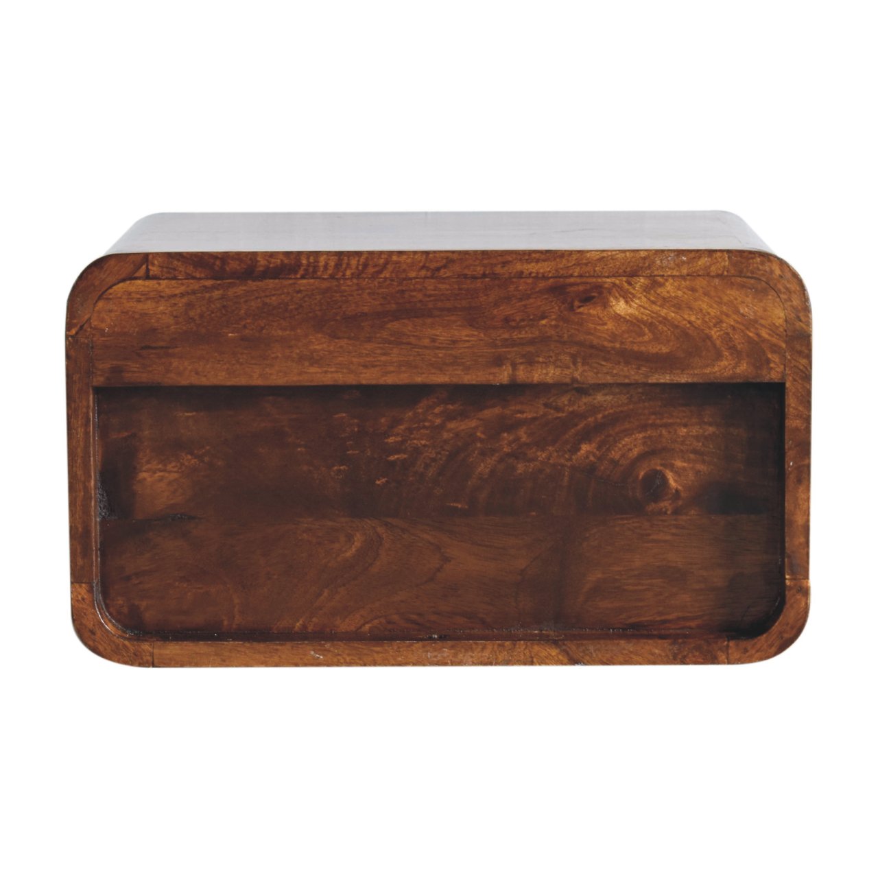 Large chestnut curve upper slot floating bedside table with rectangular wooden bread box in dark brown finish