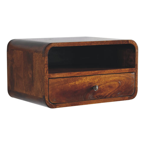 Rich dark brown wooden nightstand with upper slot single drawer and rounded edges for bedside storage