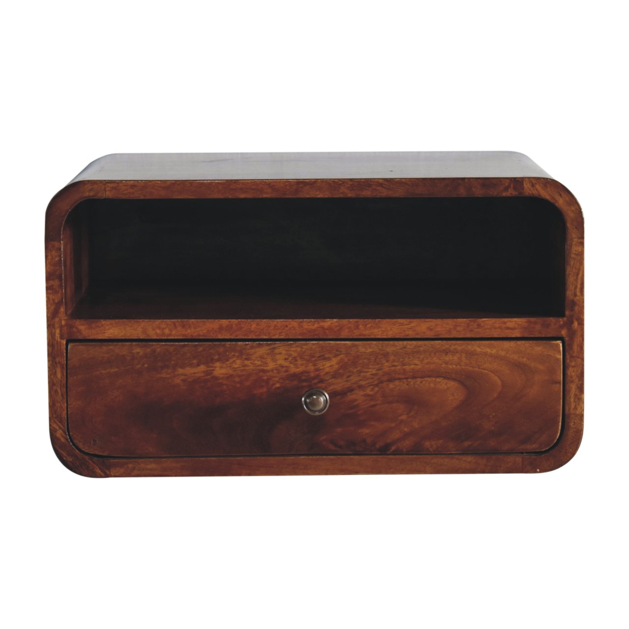 Large chestnut curve upper slot floating bedside table with rich warm-toned wood and single drawer with rounded edges