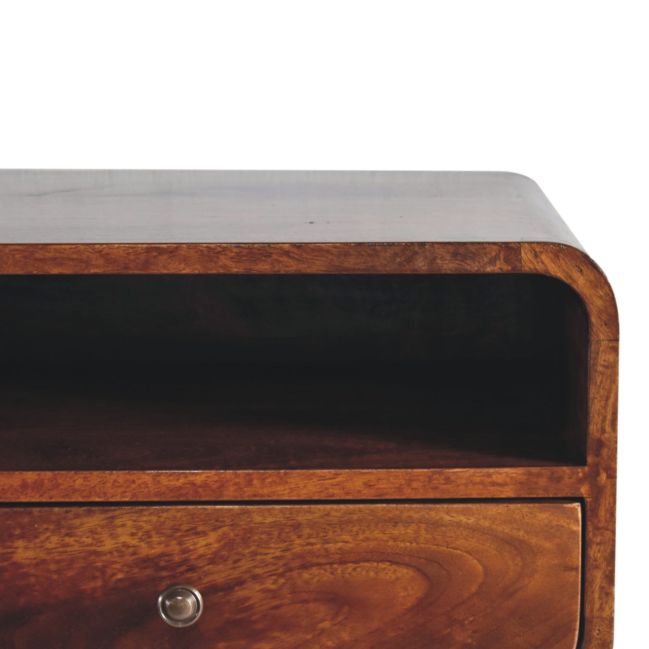 Large chestnut curved wooden nightstand with a warm tone and upper slot floating design featuring a single drawer knob