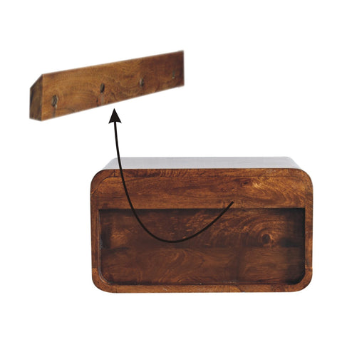 Rustic wooden upper slot coat rack with three hooks and matching chestnut storage box showing wood grain