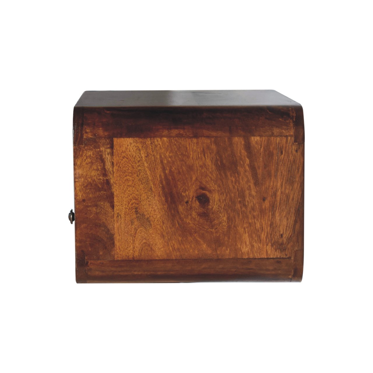 A large chestnut curve upper slot floating bedside table with a rustic wooden bread box design and warm brown finish