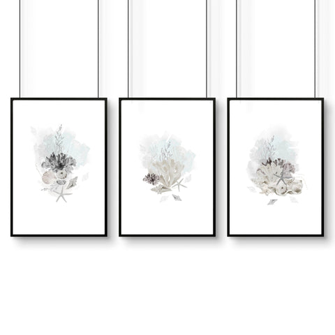Beach theme bathroom accessories | Set of 3 wall art prints