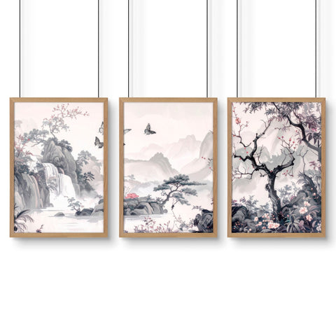Large Contemporary Wall Art | Set of 3 Chinoiserie Wall art Prints
