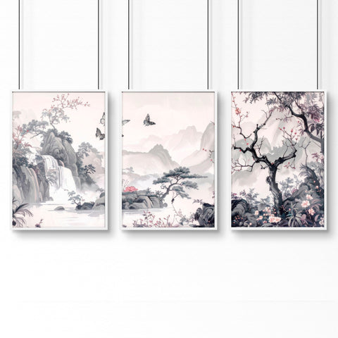 Large Contemporary Wall Art | Set of 3 Chinoiserie Wall art Prints