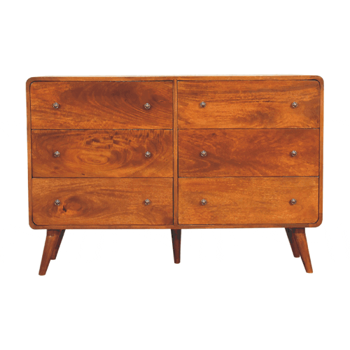 Large curved chestnut finish wooden dresser with six drawers and tapered legs in a rounded form factor