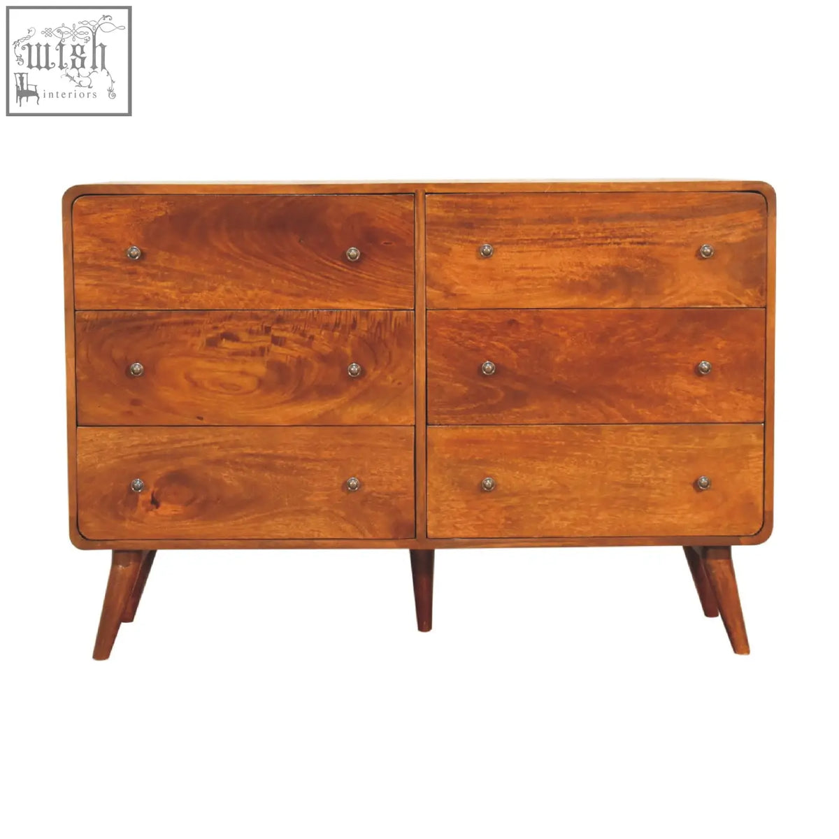 Large curved chestnut finish wooden dresser with six drawers and tapered legs in a rounded form factor