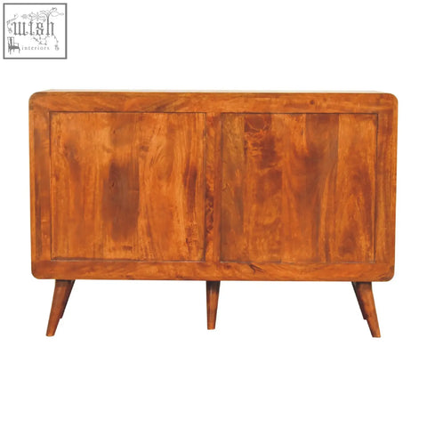 Large curved wooden sideboard with chestnut finish and rounded form factor featuring two paneled doors and tapered legs