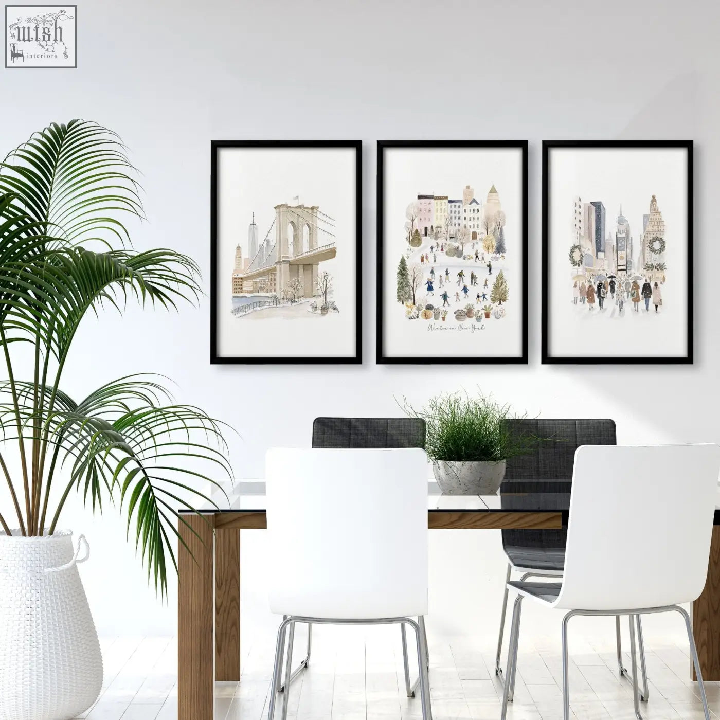 Three large black-framed watercolor cityscape prints in beige pastel hang as dining room wall art above the table