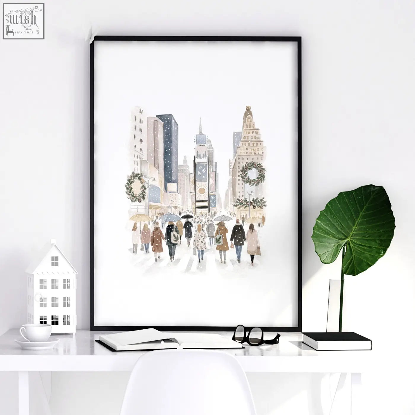Large dining room wall art featuring black framed beige pastel cityscape of snowy new york with festive decorations