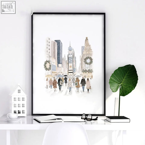 Large dining room wall art featuring black framed beige pastel cityscape of snowy new york with festive decorations