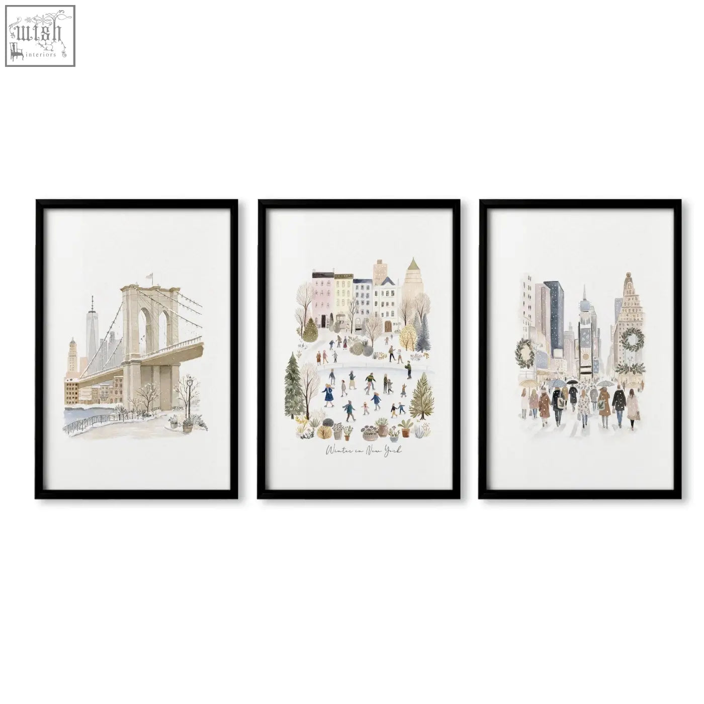 Set of three black-framed large dining room wall art watercolor prints featuring winter scenes in new york city