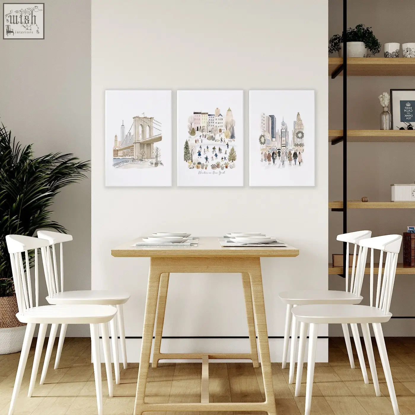 Set of three large dining room wall art prints featuring beige pastel new york cityscape with brooklyn bridge design