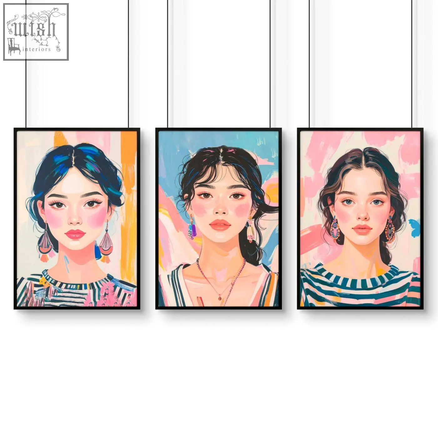 Three large framed pictures of boho women wall art prints with vibrant colorful backgrounds and stylized features