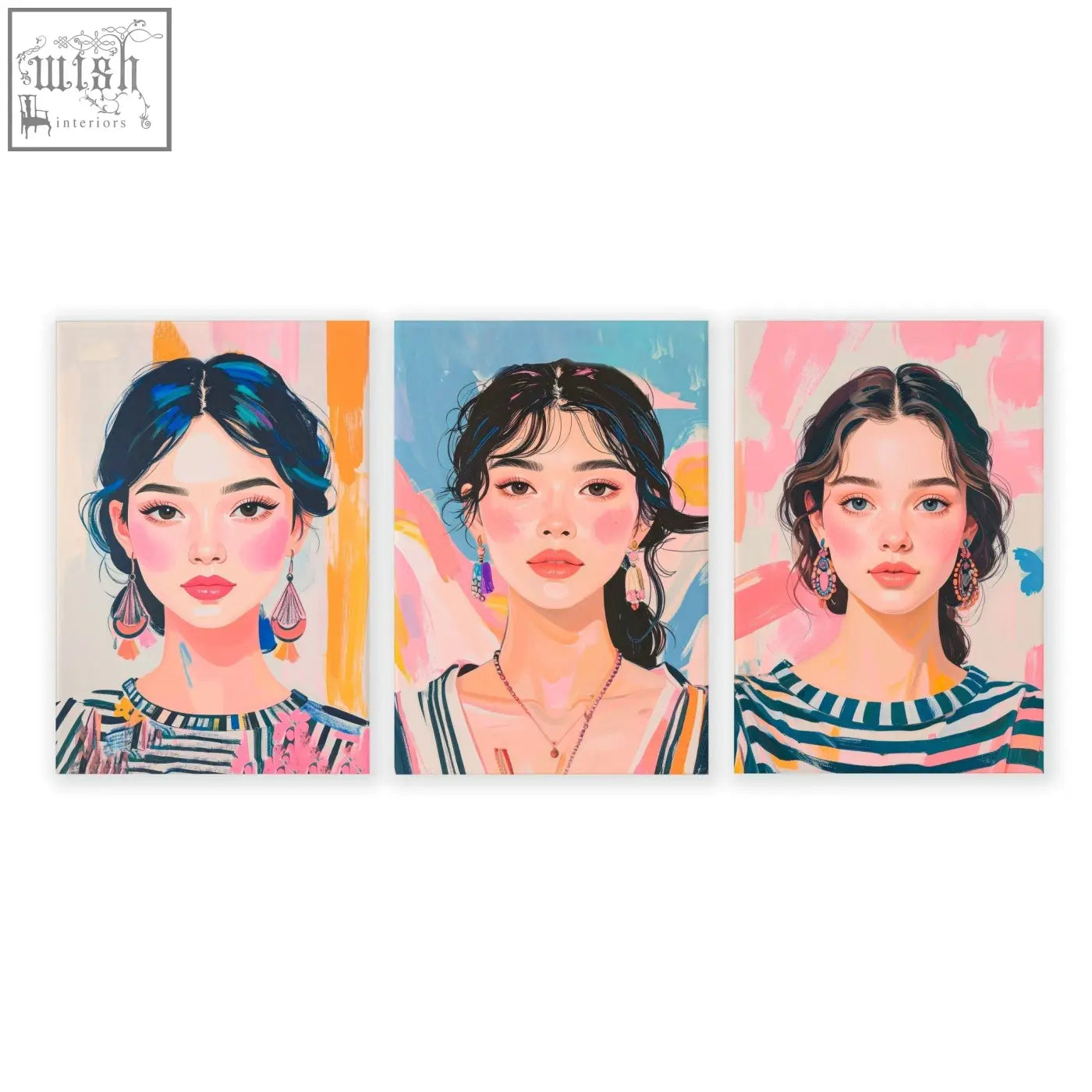 Set of three large framed pictures featuring vibrant boho women wall art with colorful backgrounds and distinct hairstyles
