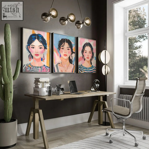 Large framed pictures set of 3 boho women wall art prints displayed above a modern wooden trestle desk with natural finish