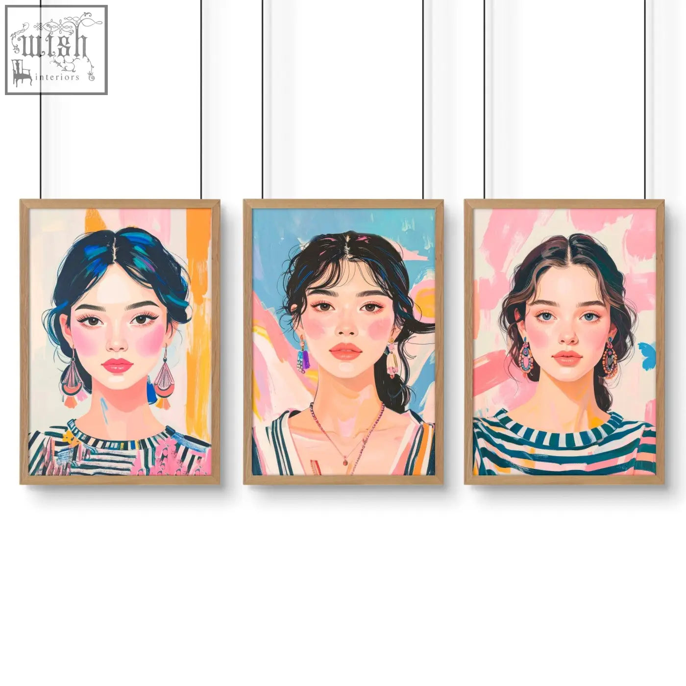 Three large framed pictures of boho women wall art prints with vibrant colorful backgrounds and wooden frames