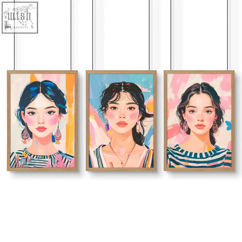 Three large framed pictures of boho women wall art prints with vibrant colorful backgrounds and wooden frames