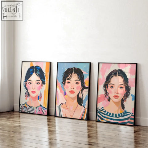 Three large framed pictures of boho women wall art prints with vibrant colorful backgrounds and striped tops