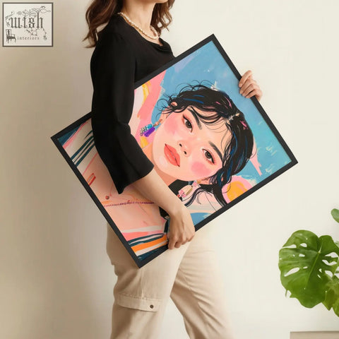 Vibrant large framed picture of stylized woman with black hair and pink cheeks in colorful wall art set of 3 boho prints